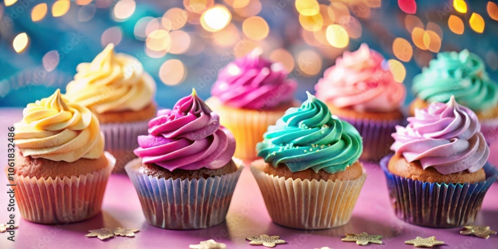 Leinwandbilder a row of colorful cupcakes with swirled frosting and sprinkles on a pink surface with a blurry backg