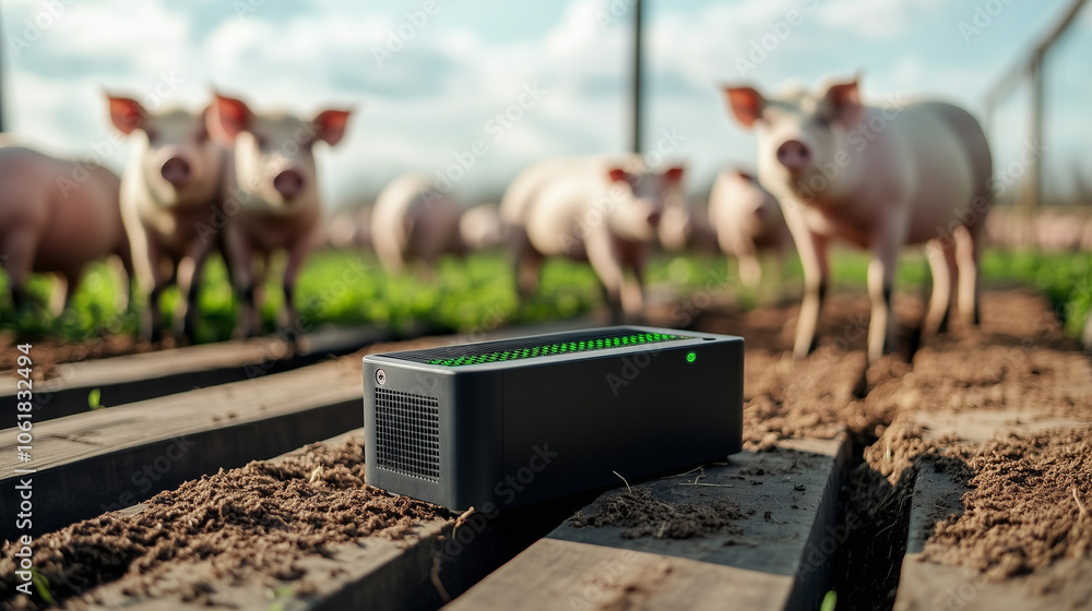 Poster smart iot sensors mounted on feed dispensers, tracking precise food distribution and consumption rat
