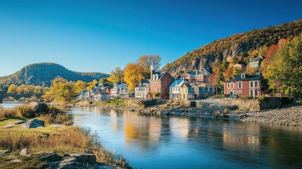 A tranquil autumn day in the historic town along the river with colorful trees and mountains in the background
