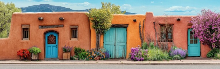 A vibrant adobe structure adorned with colorful flowers in a peaceful setting under a bright blue sky
