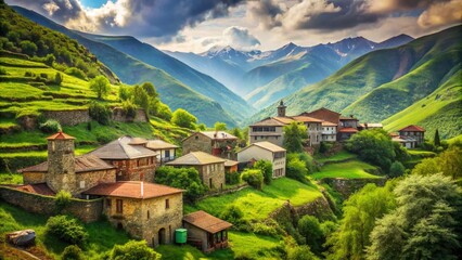 Vintage Style Photography of a Charming Village in the Georgian Mountains, Capturing Rustic Architecture, Breathtaking Landscapes, and Cultural Heritage of the Caucasus Region