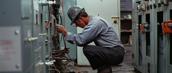 A dedicated worker focuses on maintaining complex machinery, embodying diligence and technical expertise within the industrious environment of a factory.