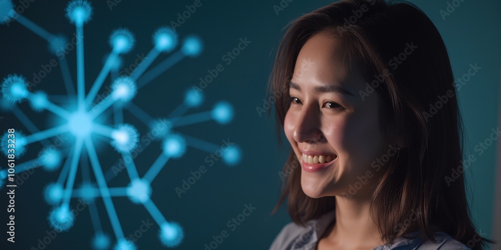 Poster smiling woman with neural network visualization
