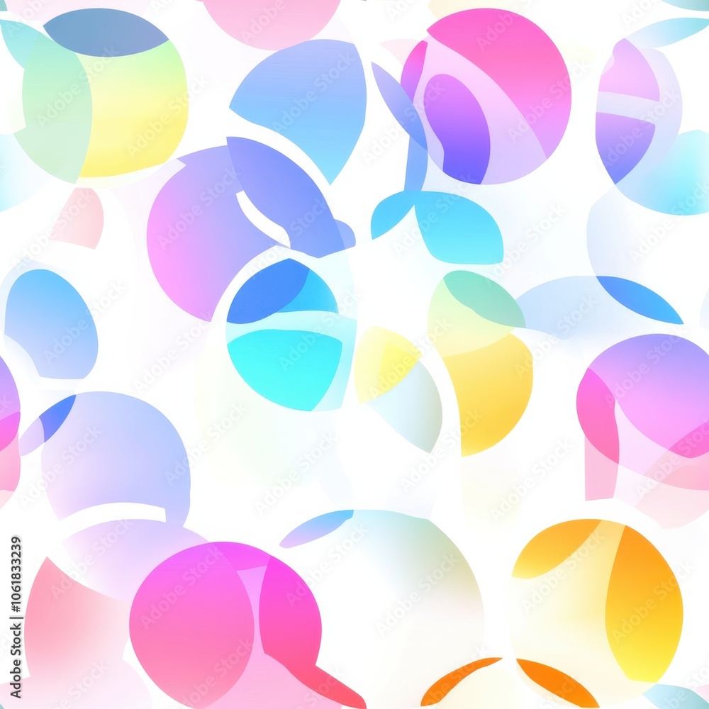 Poster a vibrant pattern of overlapping transparent circles in pastel colors creating a playful, abstract d