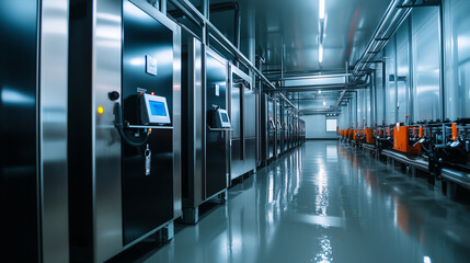 Obraz premium In a fully automated pig farm, smart sensors on climate control units maintain optimal temperature and humidity, while pigs rest peacefully, benefiting from a perfectly regulated e