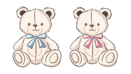 Two cute teddy bears with blue and pink bows sitting together in a cheerful design for children