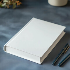 A mock up of blank white book on a plain blue background, lying flat on plain