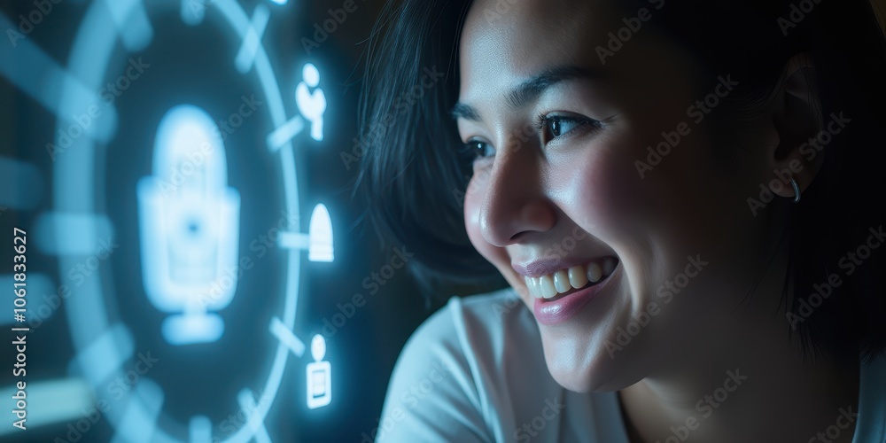 Poster holographic interface with smiling user interaction