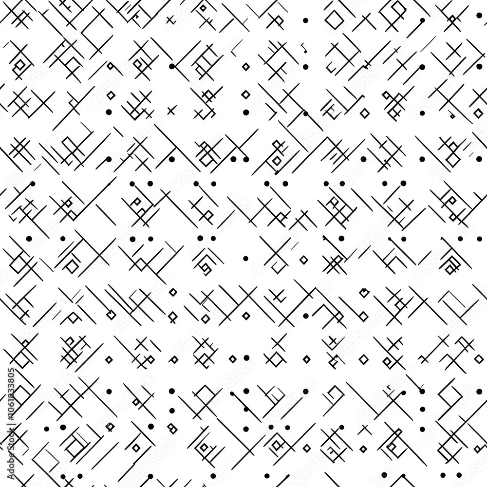 Poster minimalist pattern of small black geometric shapes on a white background, perfect for design and art