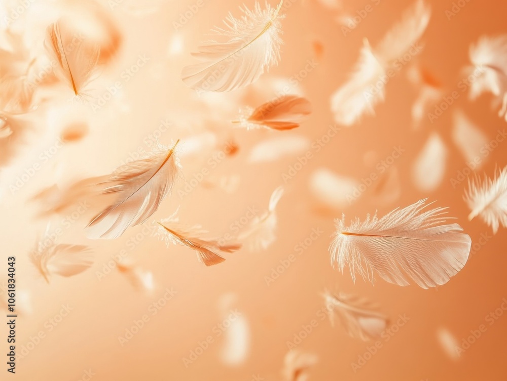 Poster delicate white feathers float gracefully against a soft pastel orange background, creating a serene 