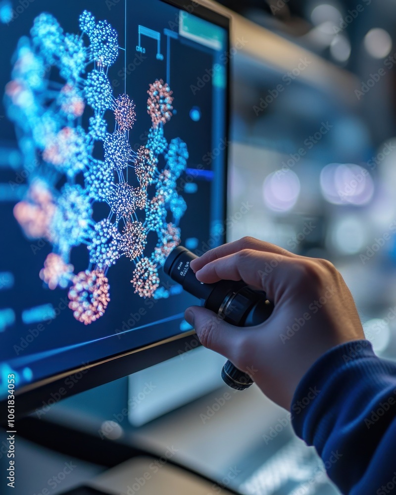 Fototapete a scientist adjusts a molecular model on a screen in a modern laboratory during a research session f