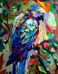 Exotic abstract parrot bird on branch oil painting messy brushstrokes, vivid faunal background