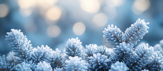 Spruce tree, Christmas tree close up, bokeh lights blue background. Merry Christmas and Happy Holidays greeting card, frame, banner. New Year. Noel. Winter xmas festive theme.