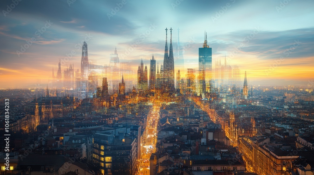 Poster a mesmerizing sunset view of a vibrant city skyline with illuminated buildings and a blend of urban 