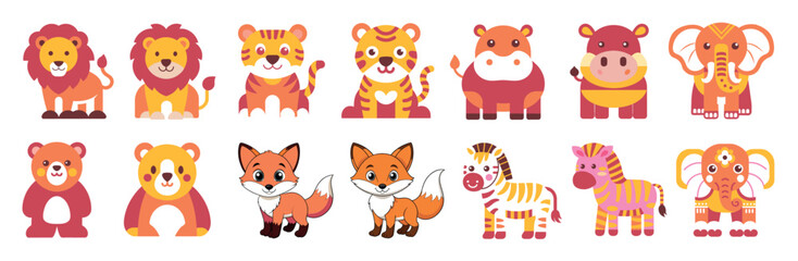 Adorable Wild Animals Set: Lion, Tiger, Hippo, Bear, Fox, Zebra & Elephant - Safari & Woodland Vector