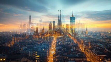 Fototapeta premium A mesmerizing sunset view of a vibrant city skyline with illuminated buildings and a blend of urban architecture in the evening glow