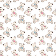 Seamless pattern with adorable teddy bears are arranged in a playful pattern, creating a charming atmosphere.