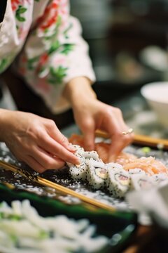 A woman making shushi chopsticks sushi food.