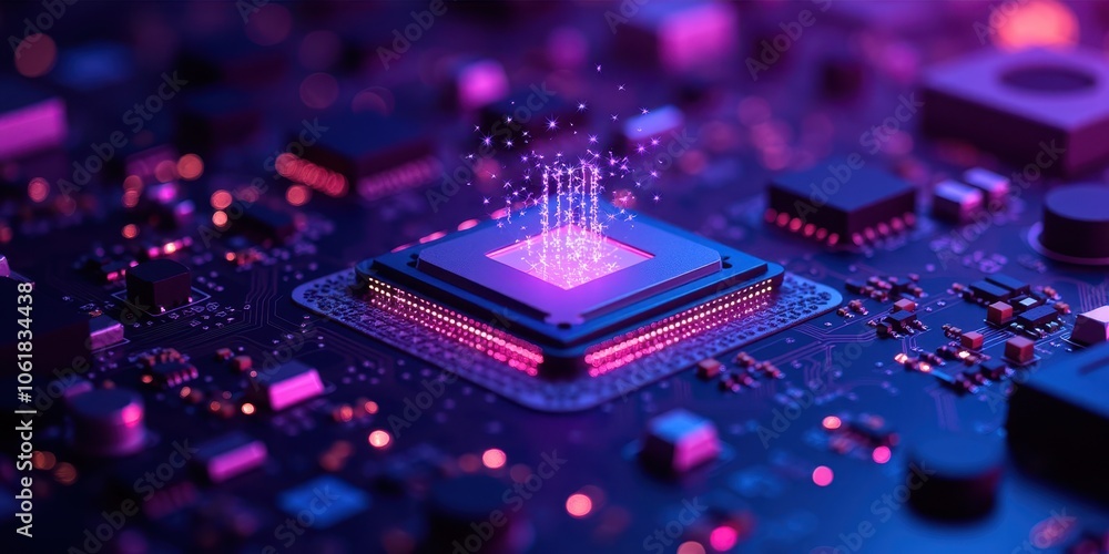 Poster vibrant circuit board with glowing processor element