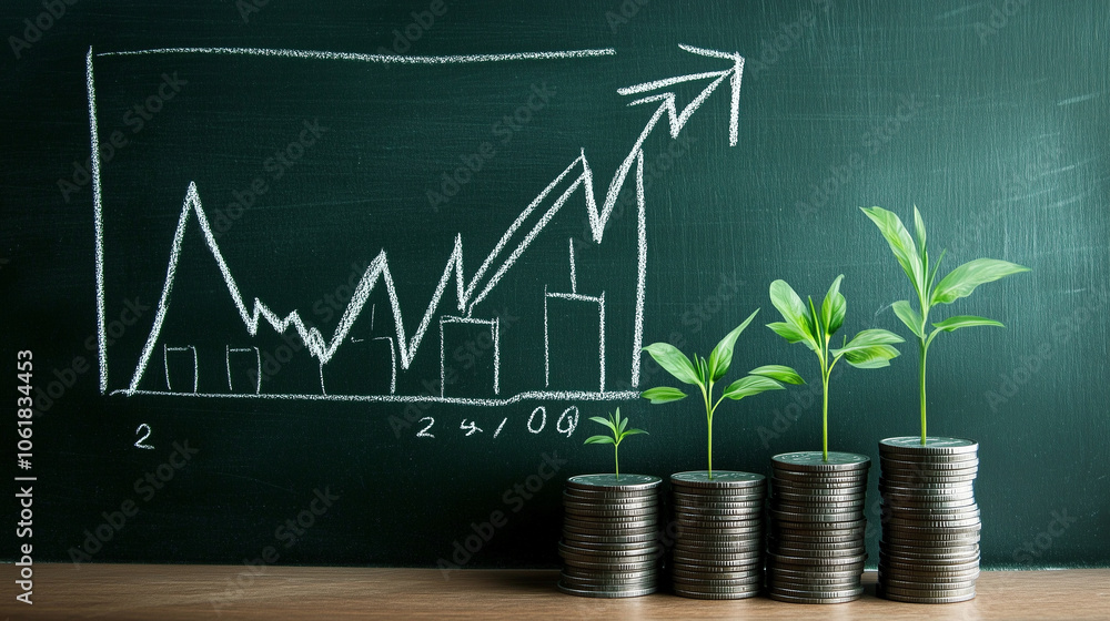 Poster coins stacked in front of a chalkboard with hand-drawn graphs and a large upward arrow, with small p