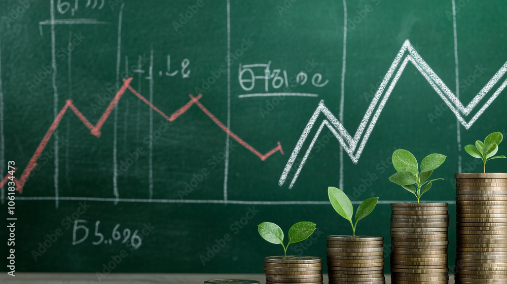 Poster coins stacked in front of a chalkboard with hand-drawn graphs and a large upward arrow, with small p