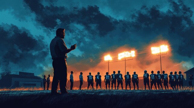 A football coach delivers an inspiring pep talk to his team during an evening practice under stadium lights