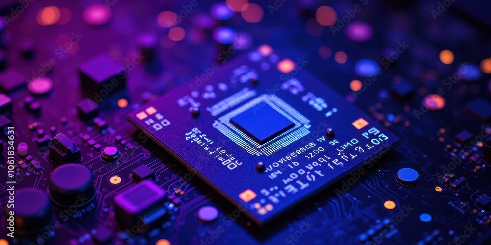 Poster colorful circuit board with microchip and electronics