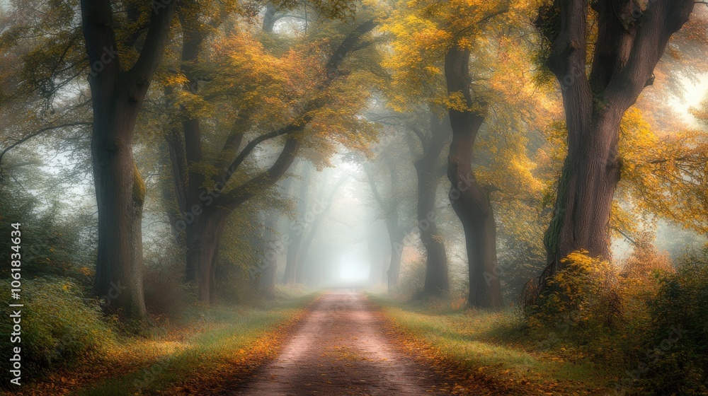 Poster a tranquil forest path shrouded in thick fog with autumn foliage lining the way during the quiet hou