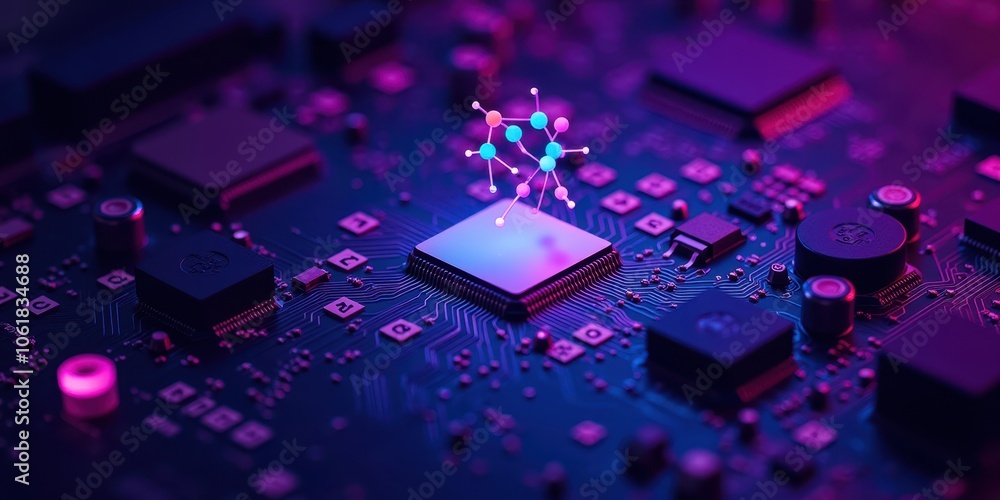 Poster abstract circuit board with molecule structure overlay