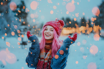 Young Pretty pink-haired girl at outdoors in winter clothes