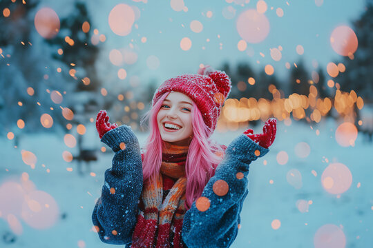 Young Pretty pink-haired girl at outdoors in winter clothes