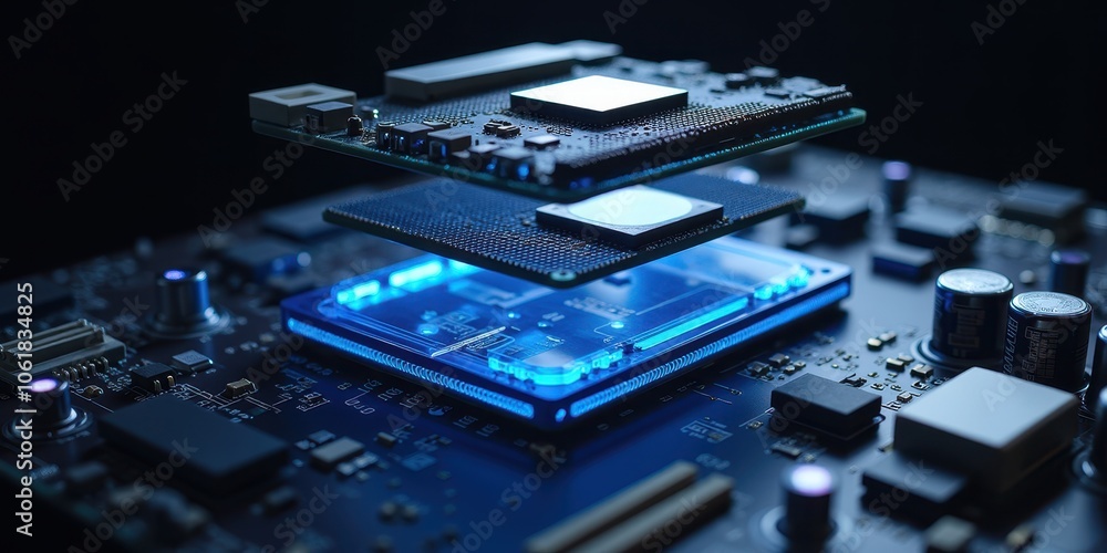 Poster levitating circuit board with microchips and glow effect