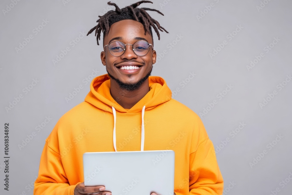Poster man with glasses and dreadlocks is smiling and holding a laptop. concept of confidence and positivit