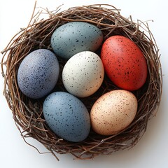 Obraz premium Colorful Easter Eggs in Nest - Top View Isolated on White Background for Spring and Holiday Celebrations