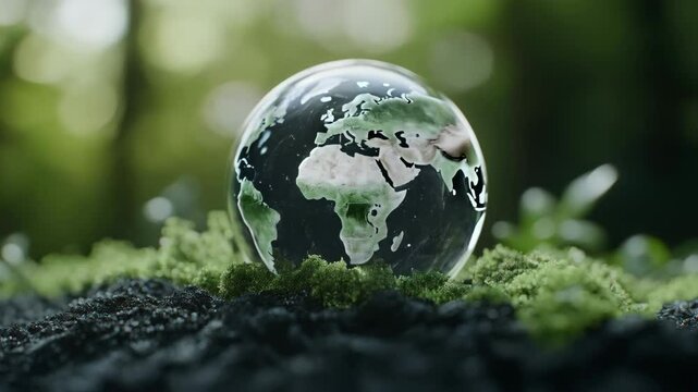 Rotating glass globe with world map on moss surface for environmental content. Planet Earth in nature. Visual material for climate change projects