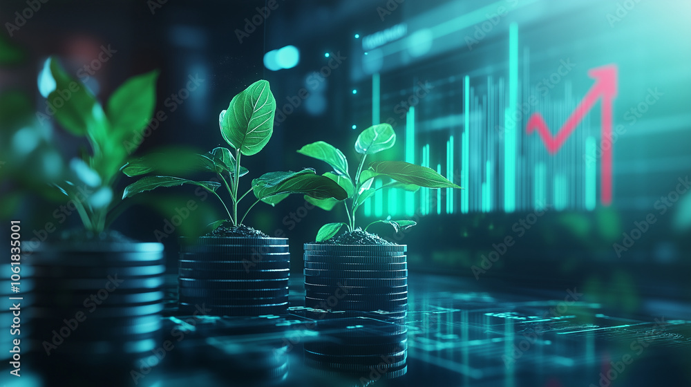 Poster coins neatly stacked with healthy plants growing from them, in front of a rising bar graph on a tran