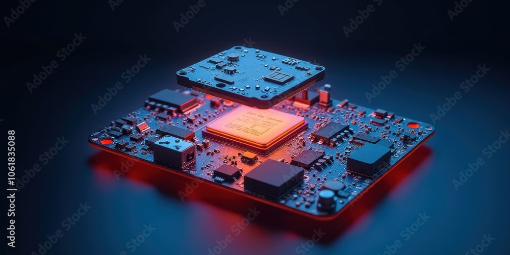 Poster levitating circuit with glow and technology vibes