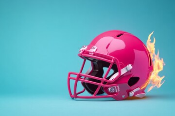 Fototapeta premium Pink football helmet with a fire on it. The helmet is on a blue background. The fire on the helmet is orange and yellow