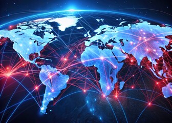 Fototapeta premium Digital World Map with Interconnected Red and Blue Lines, Global Connectivity, Technology Visualization, Network Design, Data Representation, Digital Communication, Modern Geography, Business Insights