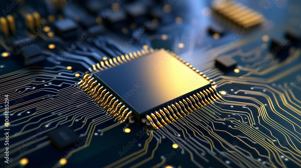 Poster a close-up view of a microchip with metallic pins delicately connected to gold-traced circuit lines 