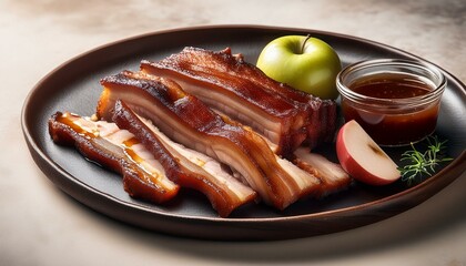 スモークポークベリーの薄切りが香ばしい焦げ目を持ち、甘酸っぱいリンゴソースで美味しさを引き立てるグルメな一皿