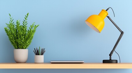 Minimalist Workspace with Yellow Lamp and Green Plant