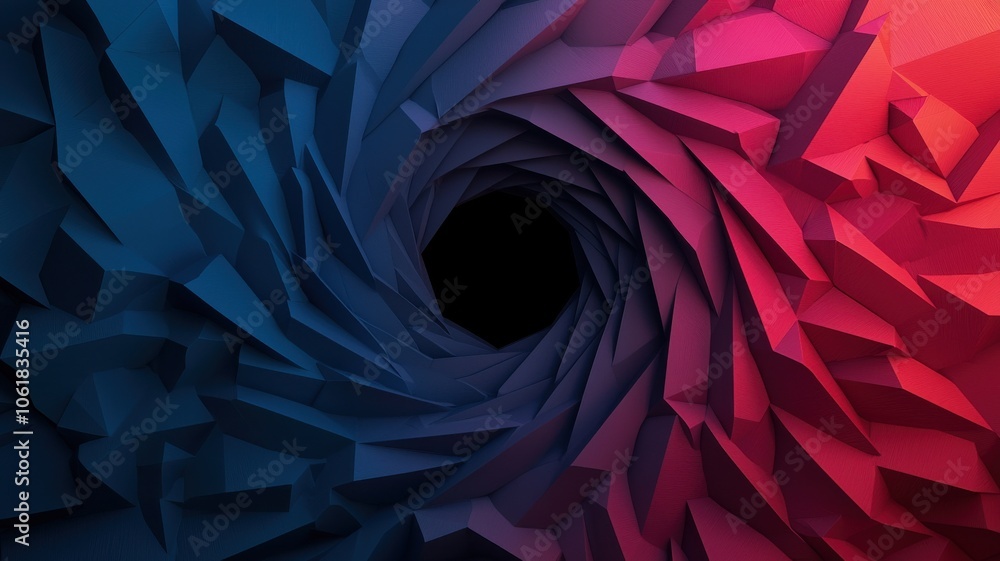 Poster a swirling vortex of vibrant colors, blending shades of blue and red into a central black void, crea