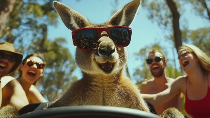 A humorous kangaroo wearing sunglasses attempts to drive a vehicle in a sunny Australian landscape with friends enjoying the moment