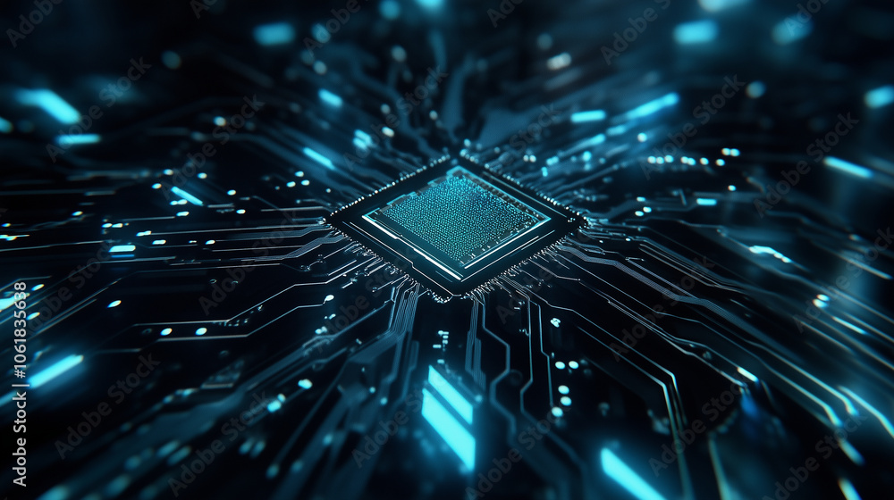 Poster the glistening surface of a semiconductor chip rests on a web of intricate circuits, bathed in cool 
