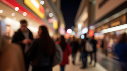 Fototapeta premium Holiday lights on the tourist street, people and shops, blurred image