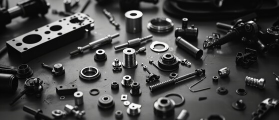 An array of industrial parts is meticulously arranged, displaying the meticulous intricacies and mechanics of engineering in monochrome.
