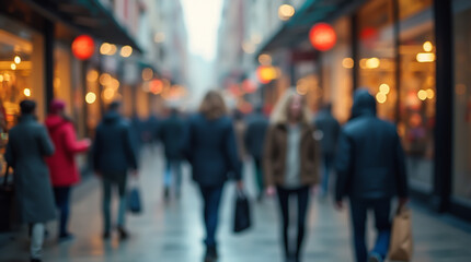Blurred image of a cozy tourist street with people and shops, lit by holiday lights