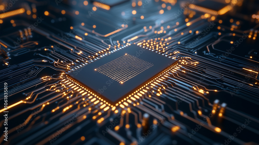 Poster zoomed-in view of a silicon semiconductor chip with precise gold connectors fanning out into the cir