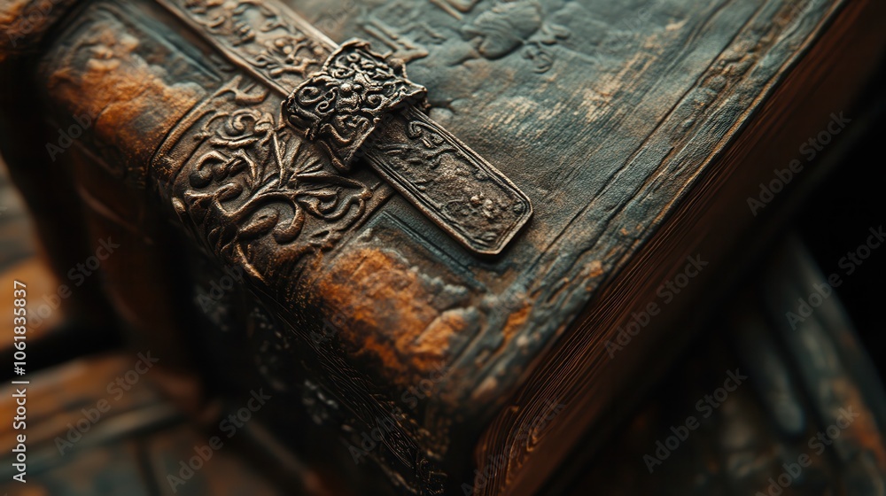 Poster a close-up view of the intricately designed spine of an ancient book resting on a wooden surface fil